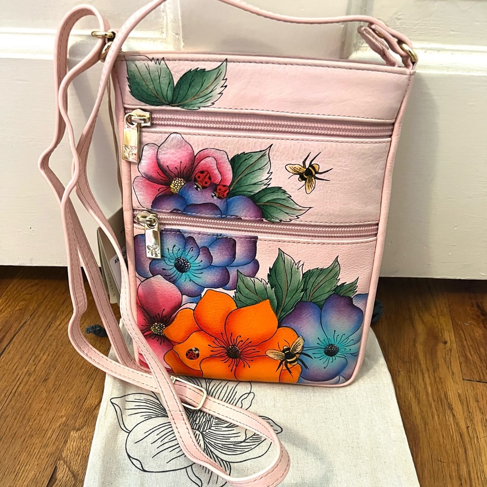 Anuschka Pink Leather Zipper Front Crossbody Bag with RFID NWT